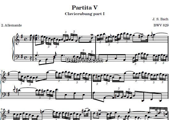 Bach BWV 829, PDF Piyano Nota | Six Partitas (Clavierubung part I) (Allemande) No:5, G, Sol Majör