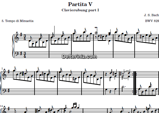 Bach BWV 829, PDF Piyano Nota | Six Partitas (Clavierubung part I) (Tempo Di Minuetta) No:5, G, Sol Majör