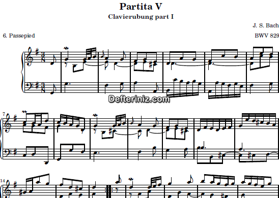 Bach BWV 829, PDF Piyano Nota | Six Partitas (Clavierubung part I) (Passapied) No:5, G, Sol Majör