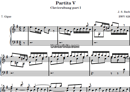 Bach BWV 829, PDF Piyano Nota | Six Partitas (Clavierubung part I) (Gigue) No:5, G, Sol Majör