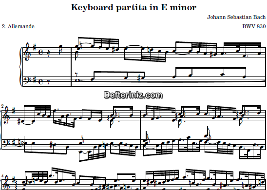 Bach BWV 830, PDF Piyano Nota | Keyboard Partita (Allemande), Em, Mi Minör