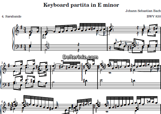 Bach BWV 830, PDF Piyano Nota | Keyboard Partita (Sarabande), Em, Mi Minör