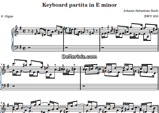 Bach BWV 830, PDF Piyano Nota | Keyboard Partita (Gigue), Em, Mi Minör