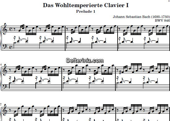 Bach BWV 846, PDF Piyano Nota | Das Wohltemperierte Clavier I, (Prelude), C, Do Majör