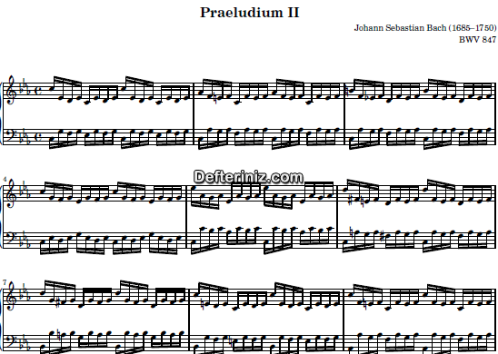 Bach BWV 847, PDF Piyano Nota | Das Wohltemperierte Clavier I, (Praeludium II), Cm, Do Minör