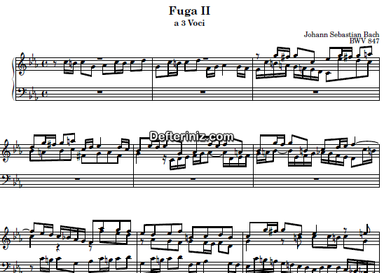 Bach BWV 847, PDF Piyano Nota | Das Wohltemperierte Clavier I, Fuga II, Cm, Do Minör