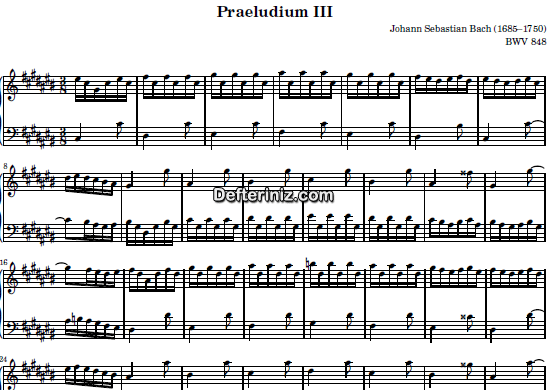 Bach BWV 848, PDF Piyano Nota | Das Wohltemperierte Clavier I, Praeludium III, B#, Si Diyez Majör