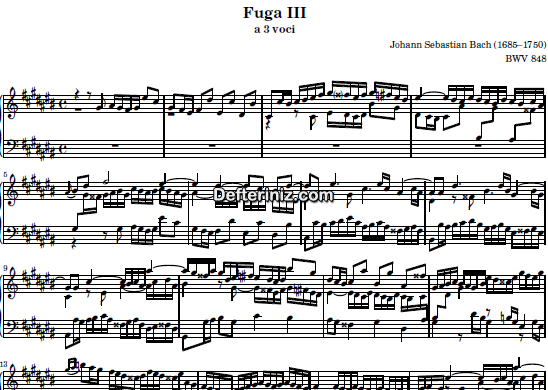 Bach BWV 848, PDF Piyano Nota | Das Wohltemperierte Clavier I, Fuga III, B#, Si Diyez Majör