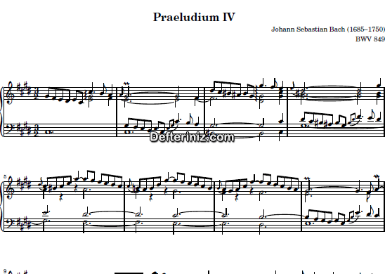 Bach BWV 849, PDF Piyano Nota | Das Wohltemperierte Clavier I (Praeludium IV), C#m, Do Diyez Minör 