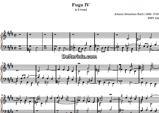 Bach BWV 849, PDF Piyano Nota | Das Wohltemperierte Clavier I (Fuga IV), C#m, Do Diyez Minör