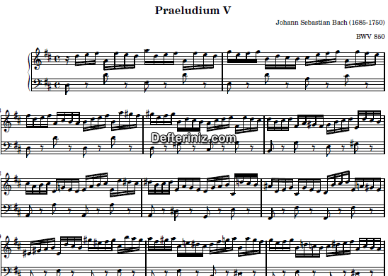 Bach BWV 850, PDF Piyano Nota | Das Wohltemperierte Clavier I (Praeludium V), D, Re Majör