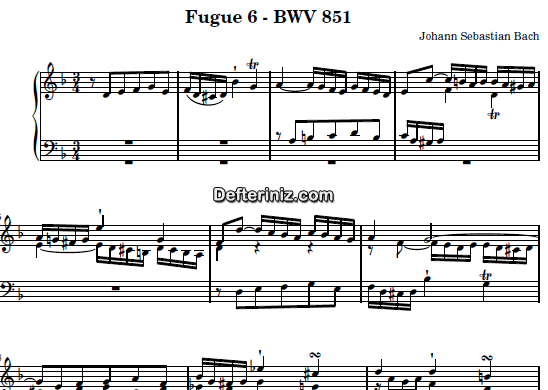 Bach BWV 851, PDF Piyano Nota | Das Wohltemperierte Clavier I (Fuga VI), Dm, Re Minör