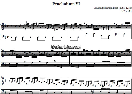 Bach BWV 851, PDF Piyano Nota | Das Wohltemperierte Clavier I (Praeludium VI), Dm, Re Minör