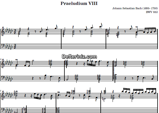 Bach BWV 853, PDF Piyano Nota | Das Wohltemperierte Clavier I (Praeludium VIII), Ebm, Mi Bemol Binör