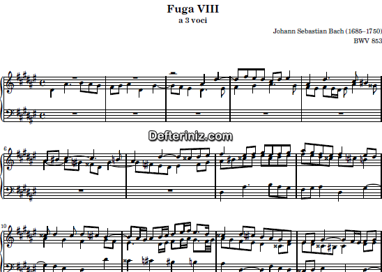 Bach BWV 853, PDF Piyano Nota | Das Wohltemperierte Clavier I (Fuga VIII), D#m, Re Diyez Minör