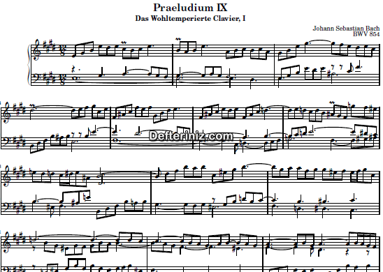 Bach BWV 854, PDF Piyano Nota | Das Wohltemperierte Clavier I (Praeludium IX), E, Mi Majör