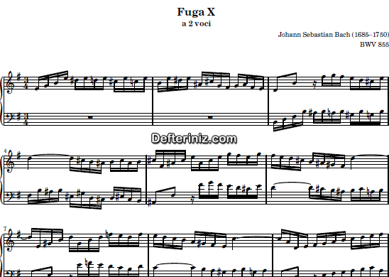 Bach BWV 855, PDF Piyano Nota | Das Wohltemperierte Clavier I (Fuga X), Em, Mi Minör