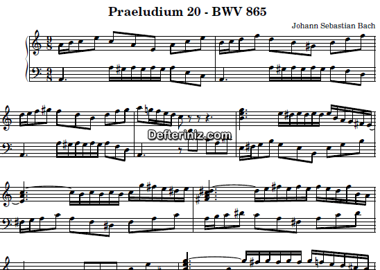 Bach BWV 865, PDF Piyano Nota | Praeludium XX, Am, La Minör