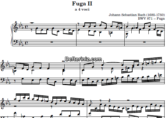 Bach BWV 871, PDF Piyano Nota | Fuga II, Cm, Do Minör