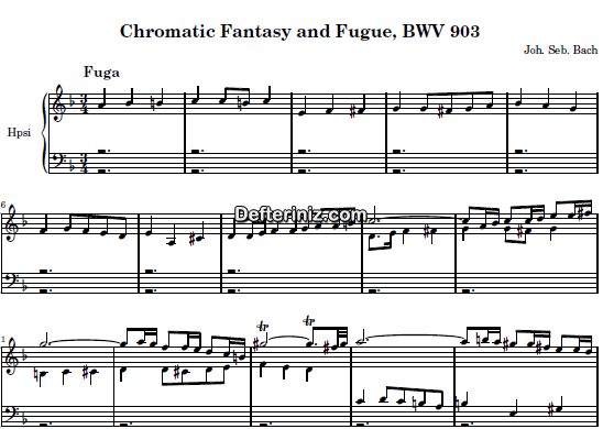 Bach BWV 903, PDF Piyano Nota | Chromatic Fantasy and Fugue (Fugue), Dm, Re Minör