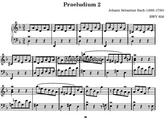 Bach BWV 926, PDF Piyano Nota | Praeludium 2, Dm, Re Minör