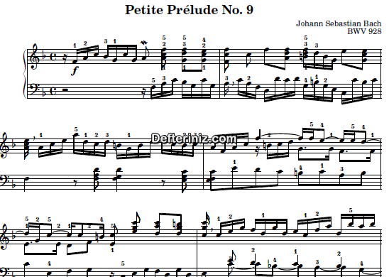 Bach BWV 928, PDF Piyano Nota | Petite Prelude No:9, F, Fa Majör