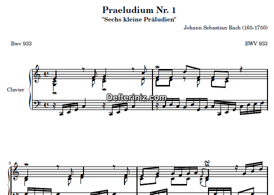 Bach BWV 933, PDF Piyano Nota | Praeludium: 1, C, Do Majör