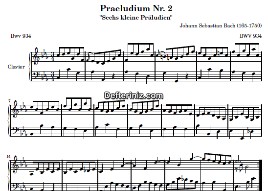 Bach BWV 934, PDF Piyano Nota | Praeludium: 2, Cm, Do Minör