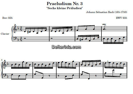 Bach BWV 935, PDF Piyano Nota | Praeludium: 3, Dm, Re Minör