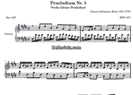 Bach BWV 937, PDF Piyano Nota | Praeludium: 5, E, Mi Majör
