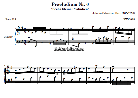 Bach BWV 938, PDF Piyano Nota | Praeludium: 6, Em, Mi Minör