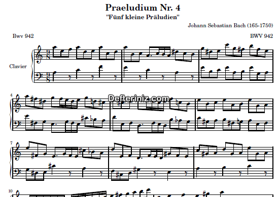 Bach BWV 942, PDF Piyano Nota | Praeludium: 4, Am, La Minör