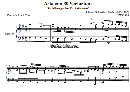 Bach BWV 988, PDF Piyano Nota | Goldberg Variations: 2, G, Sol Majör