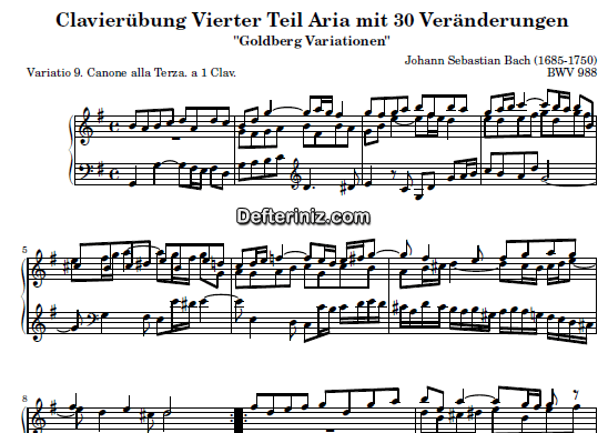 Bach BWV 988, PDF Piyano Nota | Goldberg Variations 9, G, Sol Majör