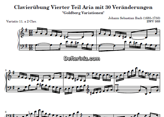 Bach BWV 988, PDF Piyano Nota | Goldberg Variations 11, G, Sol Majör