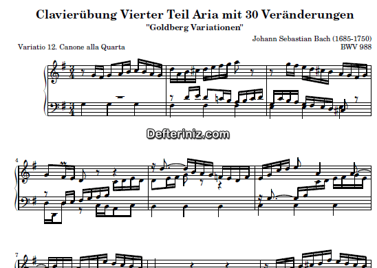 Bach BWV 988, PDF Piyano Nota | Goldberg Variations 12, G, Sol Majör