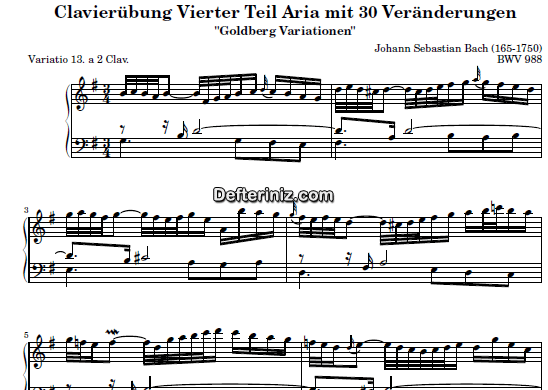 Bach BWV 988, PDF Piyano Nota | Goldberg Variations 13, G, Sol Majör