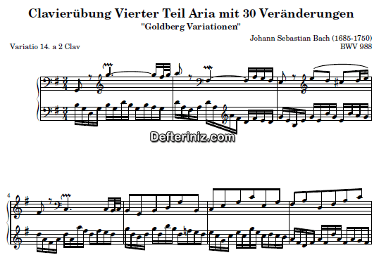 Bach BWV 988, PDF Piyano Nota | Goldberg Variations 14, G, Sol Majör