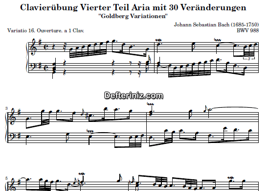 Bach BWV 988, PDF Piyano Nota | Goldberg Variations 16, G, Sol Majör