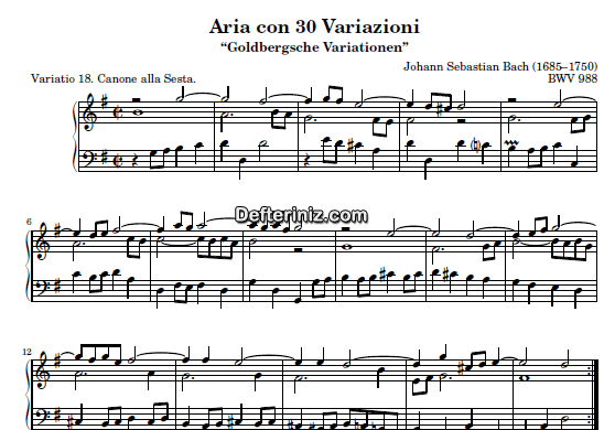 Bach BWV 988, PDF Piyano Nota | Goldberg Variations 18, G, Sol Majör