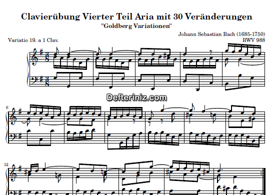 Bach BWV 988, PDF Piyano Nota | Goldberg Variations 19, G, Sol Majör