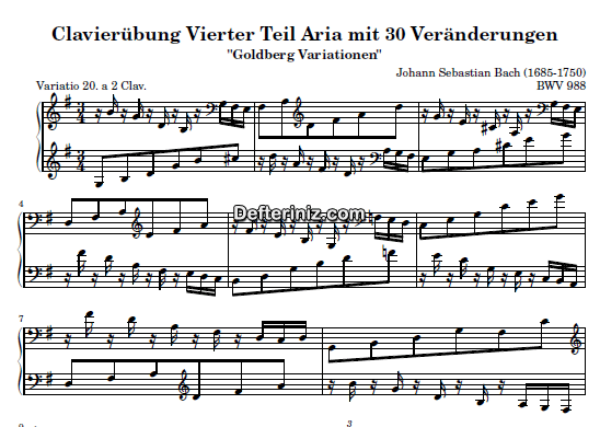 Bach BWV 988, PDF Piyano Nota | Goldberg Variations 20, G, Sol Majör