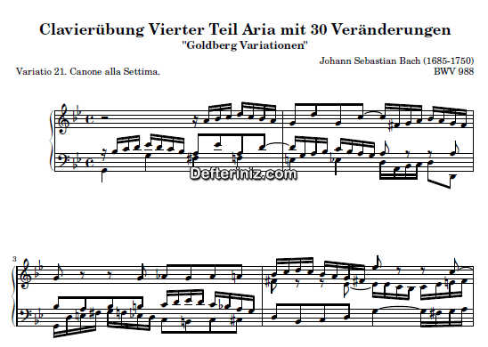 Bach BWV 988, PDF Piyano Nota | Goldberg Variations 21, Gm, Sol Minör
