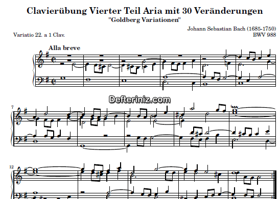 Bach BWV 988, PDF Piyano Nota | Goldberg Variations 22, G, Sol Majör