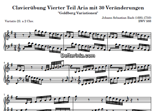 Bach BWV 988, PDF Piyano Nota | Goldberg Variations 23, G, Sol Majör