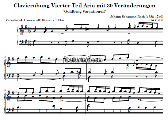 Bach BWV 988, PDF Piyano Nota | Goldberg Variations 24, G, Sol Majör