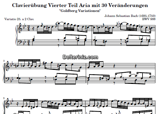Bach BWV 988, PDF Piyano Nota | Goldberg Variations 25, Gm, Sol Minör
