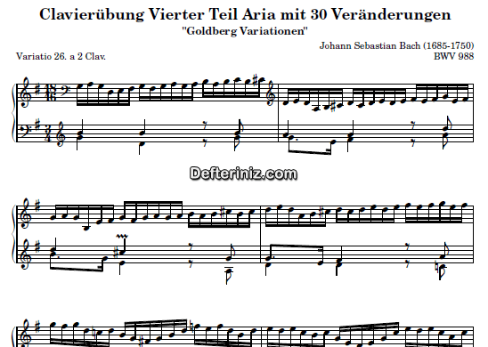 Bach BWV 988, PDF Piyano Nota | Goldberg Variations 26, G, Sol Majör