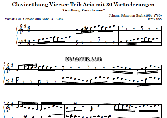 Bach BWV 988, PDF Piyano Nota | Goldberg Variations 27, G, Sol Majör