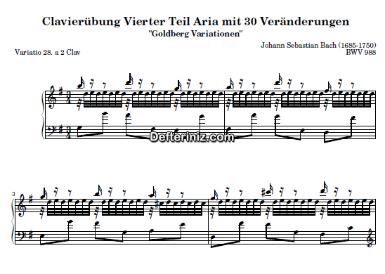 Bach BWV 988, PDF Piyano Nota | Goldberg Variations 28, G, Sol Majör
